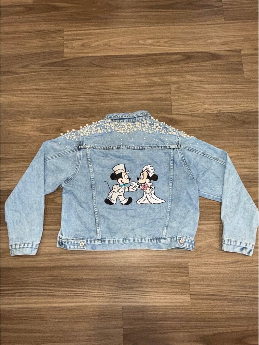 Disney Mikey Minnie Just Married Custom Embroidered Embellished Denim Jacket XL